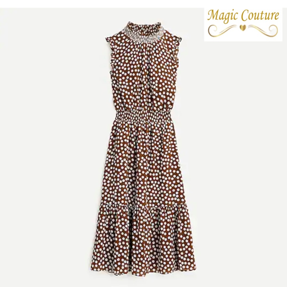 NWT J. Crew Smocked Waist Brown and White Polkadot Midi Dress🤍⭐️🤍 - Picture 3 of 11